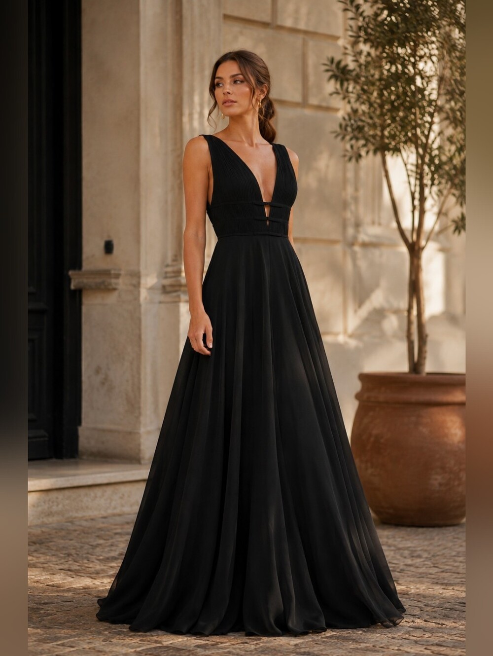 NWOT Mac Duggal 55379 Black Vneck Chiffon A-Line Ball Gown sz 10